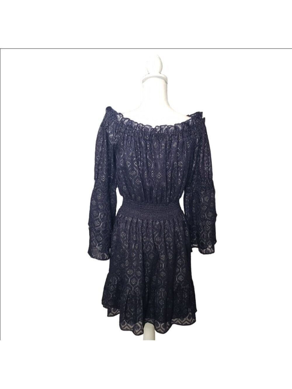Lucky Brand Women’s Medium Navy Off Shoulder Smocked Waist Boho Dress - Picture 6 of 11